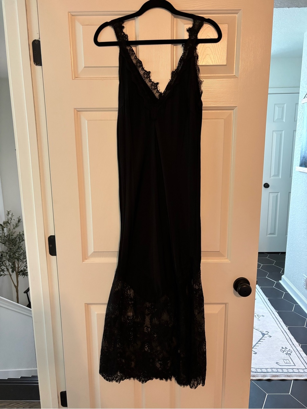 Black Lace-Trim Slip Dress with V-Neck